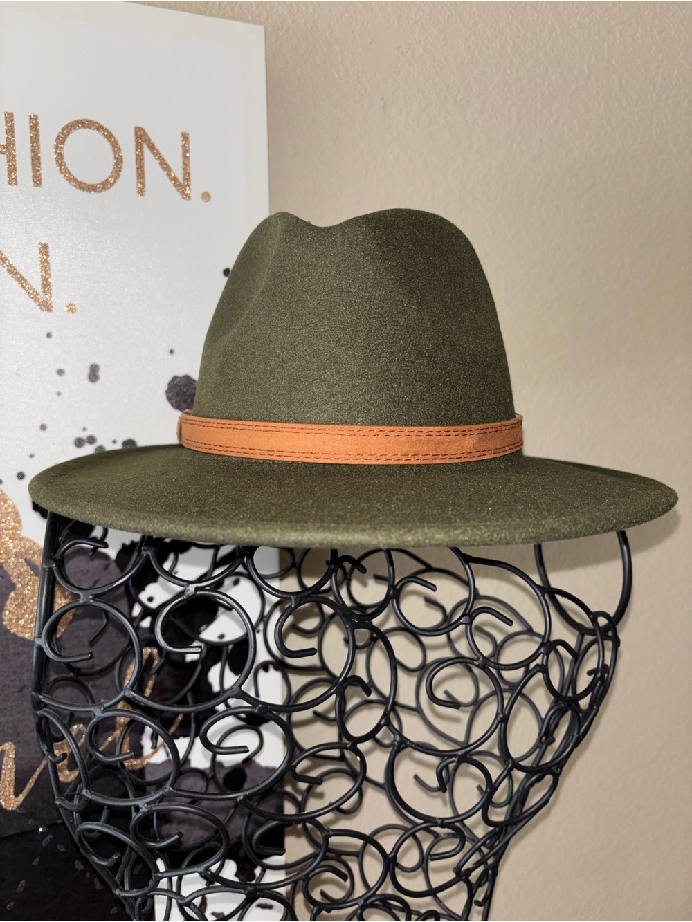 Olive Green Fedora with Tan Buckle Tassel Band